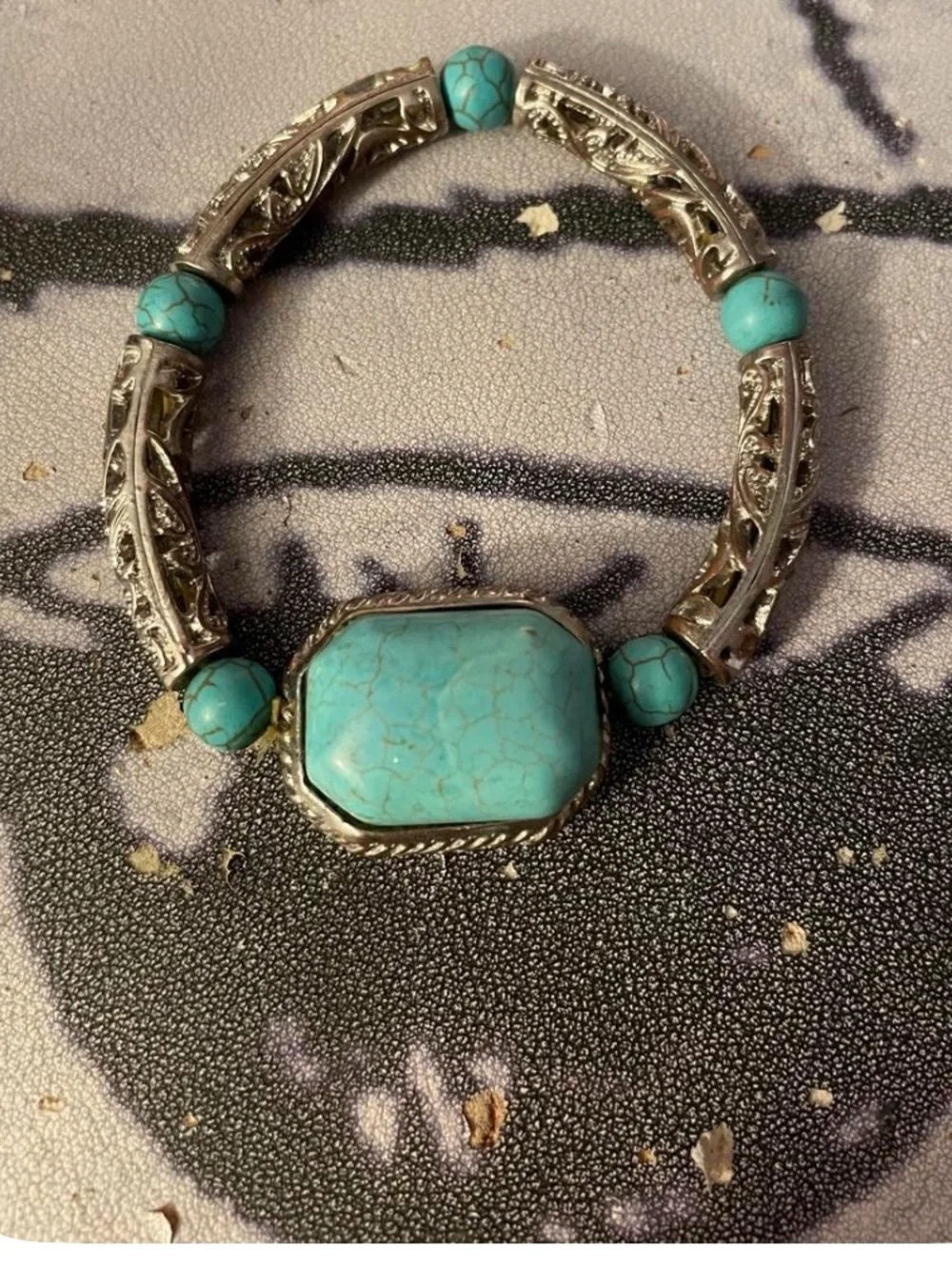 Turquoise Bead and Silver-Tone Statement Bracelet - Women's Jewelry